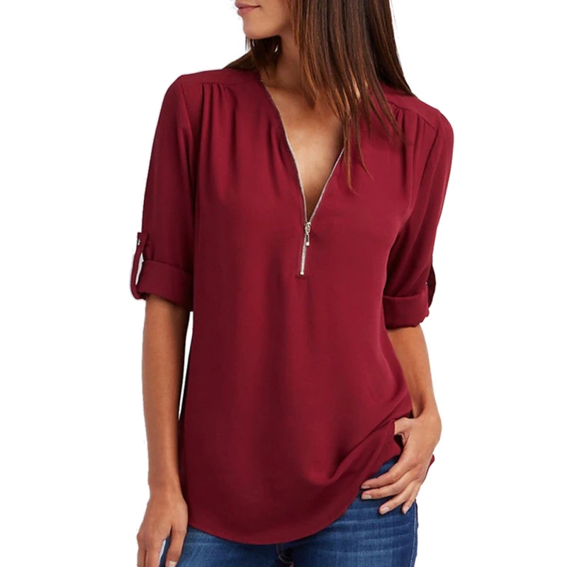 

KOERIM S-5XL Women's Loose Chiffon Shirt Multi Colors V-Neck Zipper Long-Sleeved Roll-up Casual Ladies Temperament Blouse Tops