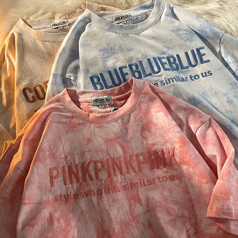 

Short Sleeve T-shirts Women Letter Embroidery Tie Dye Oversize Hip Hop Loose Korean Style All-match Students Simple Chic O-neck