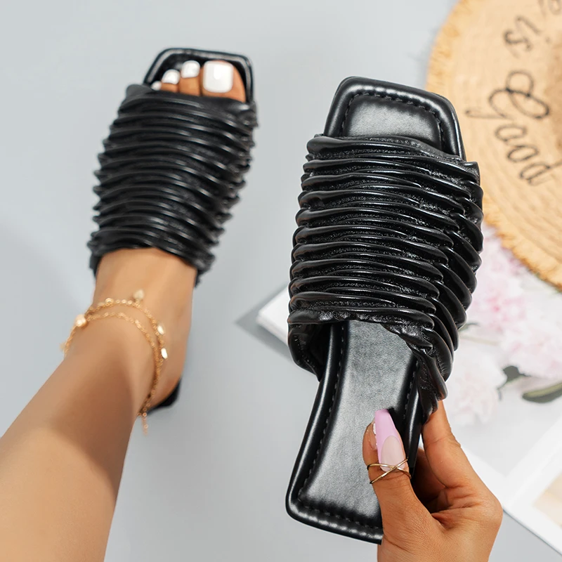 

Туфли женские большого размера, пляжная обувь, летние сандалии, однотонные удобные шлепанцы на низком каблуке, 35-42