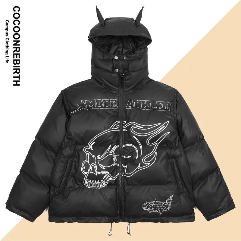 

Парка с дьявольскими рожками для мужчин и женщин, Готическая стеганая куртка со съемными рукавами, с вышивкой скелета, с капюшоном, пуховик