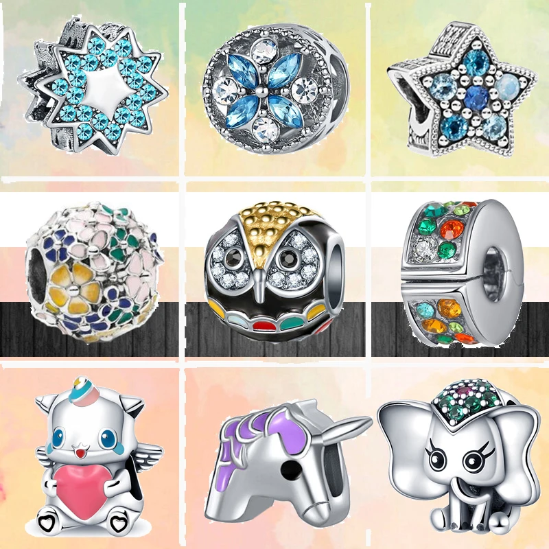 

New Colorful Magical Unicorn Owl Flower Sky Blue Zircon Bead Fit Original Pandora Charms Silver Color Bracelet DIY Women Jewelry