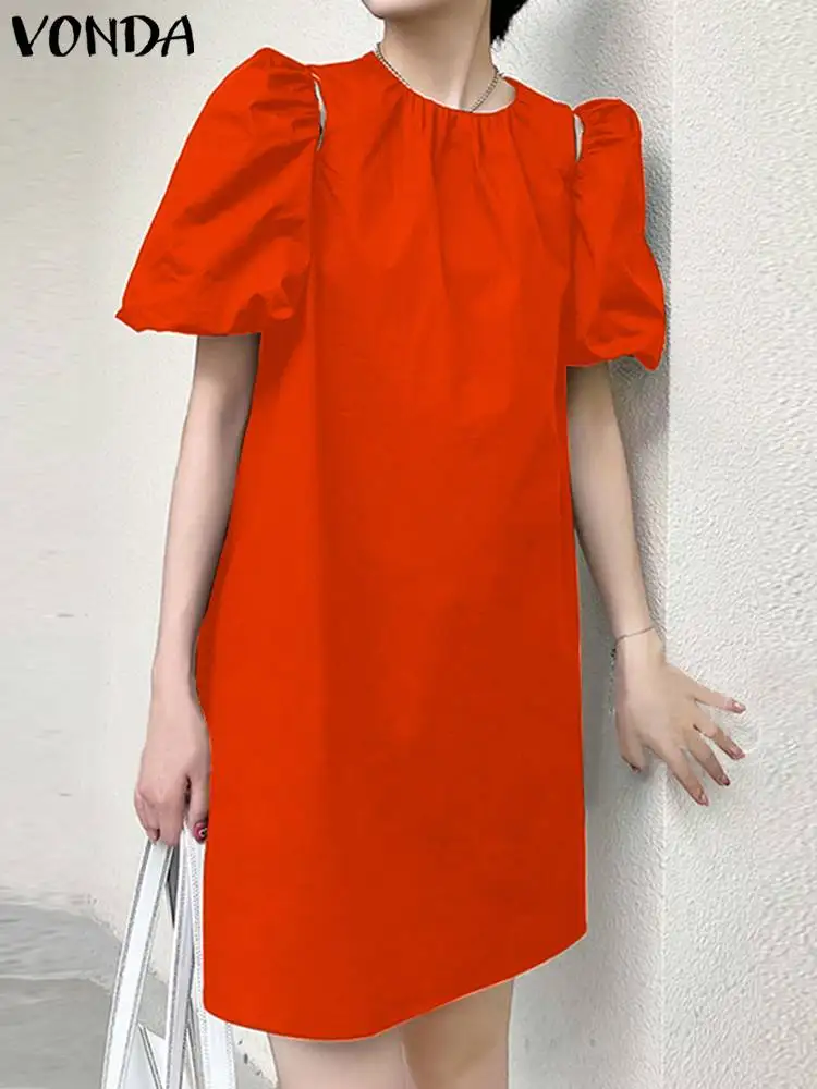 

Bohemian VONDA Summer Sexy Mini Dress Women Short Puff Sleeve Elegant Party Sundress 2023 Casual Loose Solid Color Beach Robe