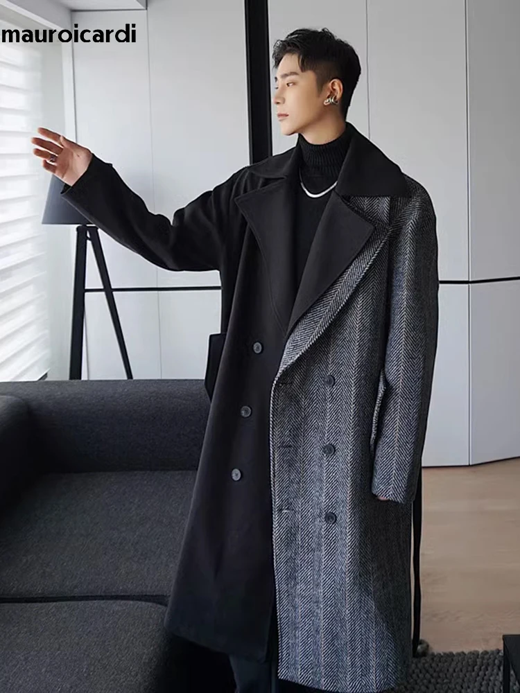 

Mauroicardi Autumn Winter Long Oversized Warm Soft Patchwork Woolen Coat Men Double Breasted Loose Casual Wool Blends Overcoat