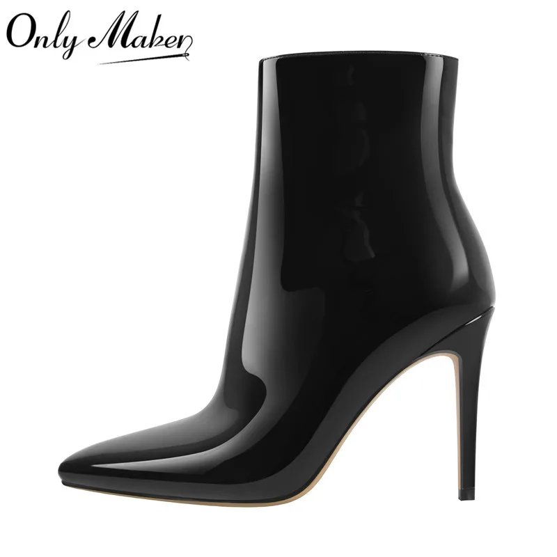 

Onlymaker Women's Pointed Toe Black Patent Leather 10CM Thin High Heel Ankel Boots Side Zipper Big Size Female Handmade Boots