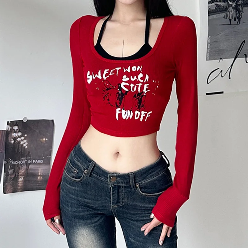 

Женский укороченный топ в стиле Харадзюку, Повседневная модная винтажная блузка составного кроя с длинным рукавом и надписью, осенняя футболка Y2K