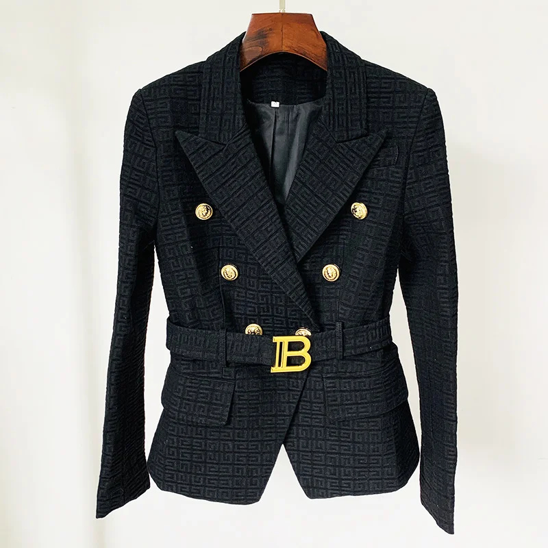 

HIGH STREET 2022 Designer Blazer Jacket For Women Newest Double Breasted Lion Buttons Monogram Jacquard Belted Blazer Femme K356
