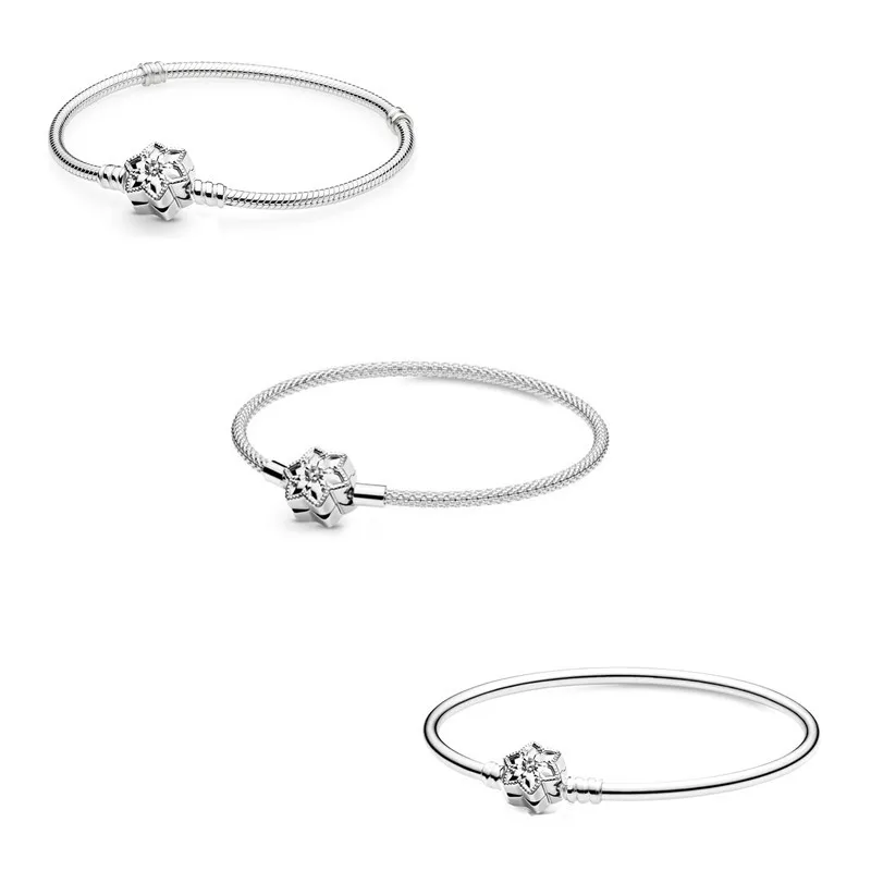 

Authentic 925 Sterling Silver Moments Bright Snowflake With Crystal Mesh Bracelet Bangle Fit Bead Charm Diy Fashion Jewelry