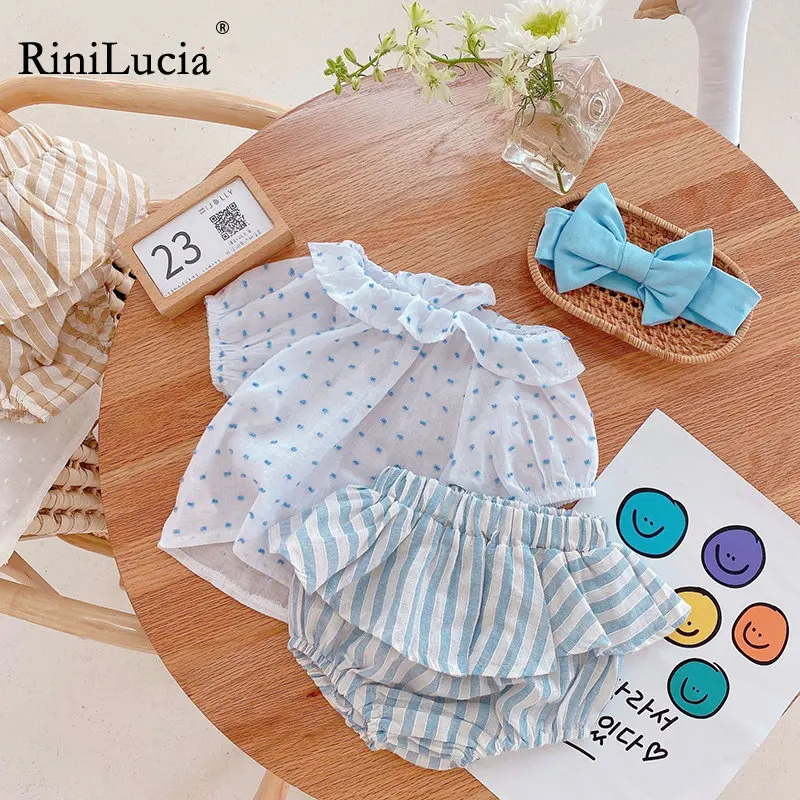 

Spring Summer New Girls Clothing Sets Dot Ruffles Short Sleeve Top and Striped Shorts with Headband 3Pcs Suit Kids C01
