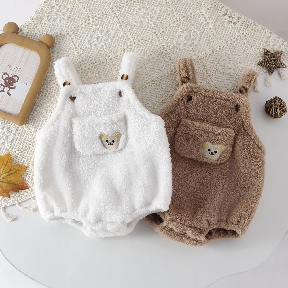 

Baby Girl Clothes Spring Baby Cropped Jumpsuit Cute Cartoon Bear Embroidered Boy Romper Plush Sleeveless Outerwear 0-24M Outfits