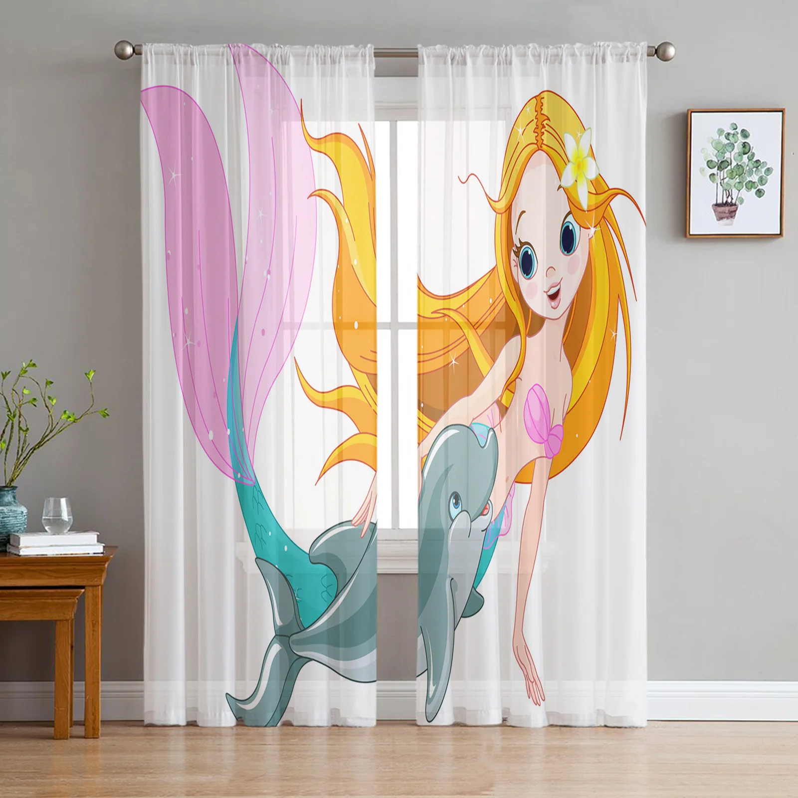 

Cartoon Beautiful Mermaid Dolphin Chiffon Sheer Curtains for Living Room Bedroom Decoration Window Voiles Morning Tulle Curtain