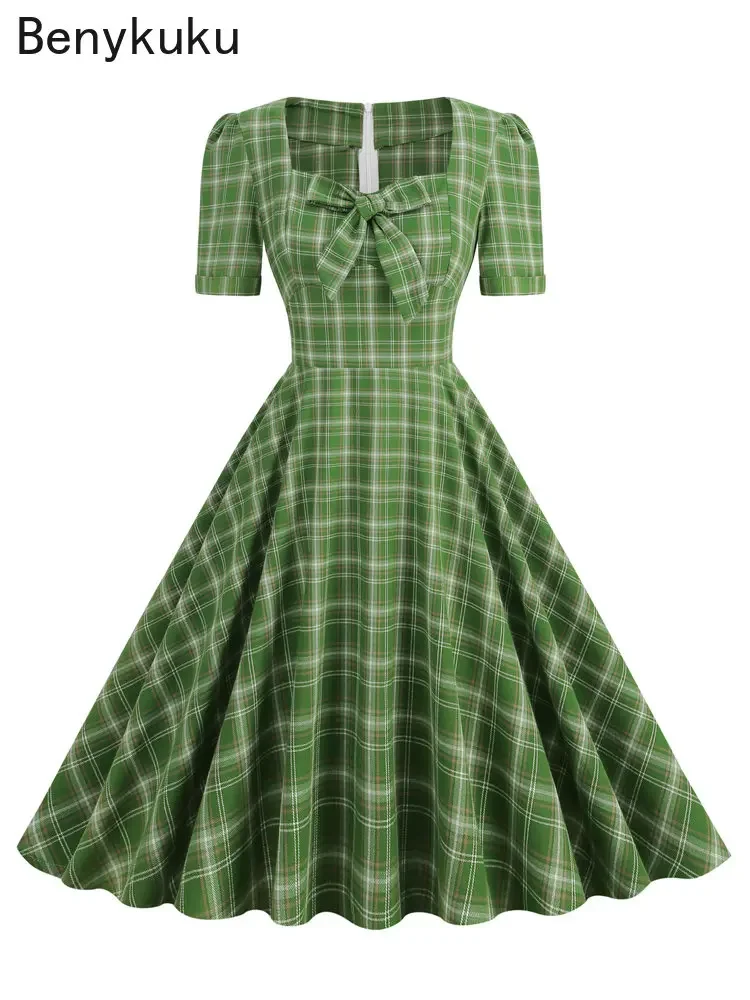 Женское винтажное платье с бантом спереди зеленое клетчатое 1920-х годов в стиле