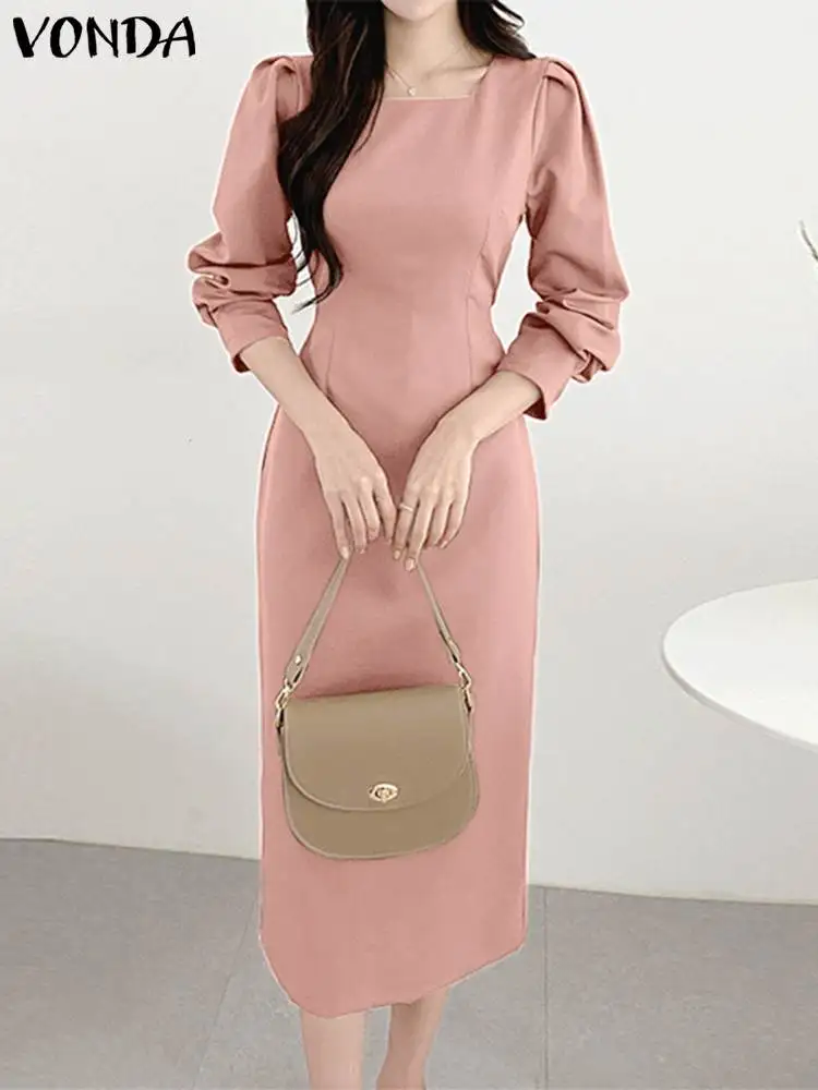 

Autumn Office Dress 2023 Casual Solid Color Elegant Midi Sundress VONDA Fashion Long Sleeve Dress Robe Femme Vestidos