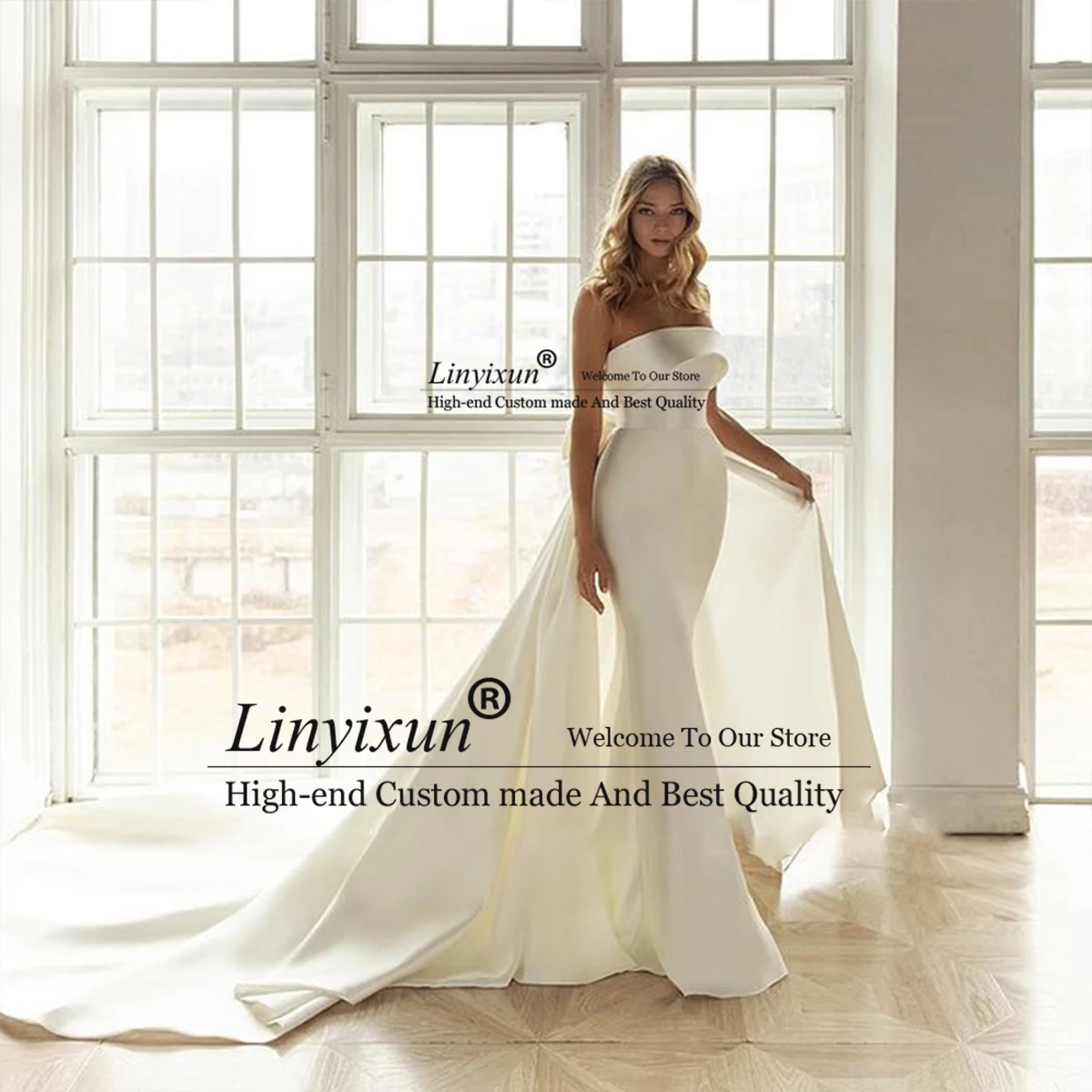 Простое атласное свадебное платье по индивидуальному заказу со съемным шлейфом