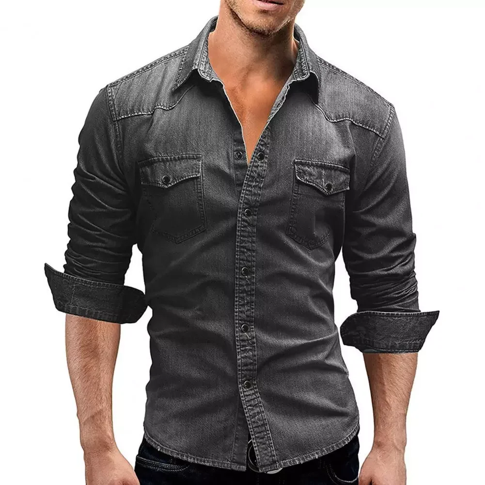 New2022 Men Denim Shirt For Men XXXL Denim Solid Color Soft Cotton Slim Single-breasted Autumn Male Cowboy Shirt for Daily Wear