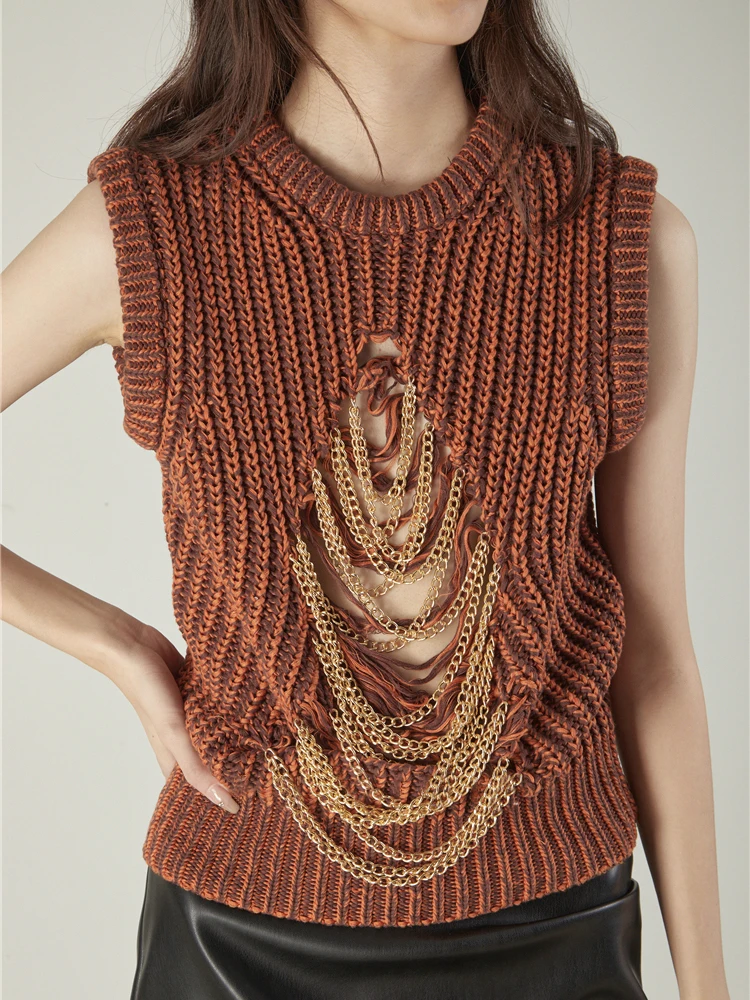 Женский ажурный свитер TWOTWINSTYLE однотонный вязаный жилет с круглым вырезом без