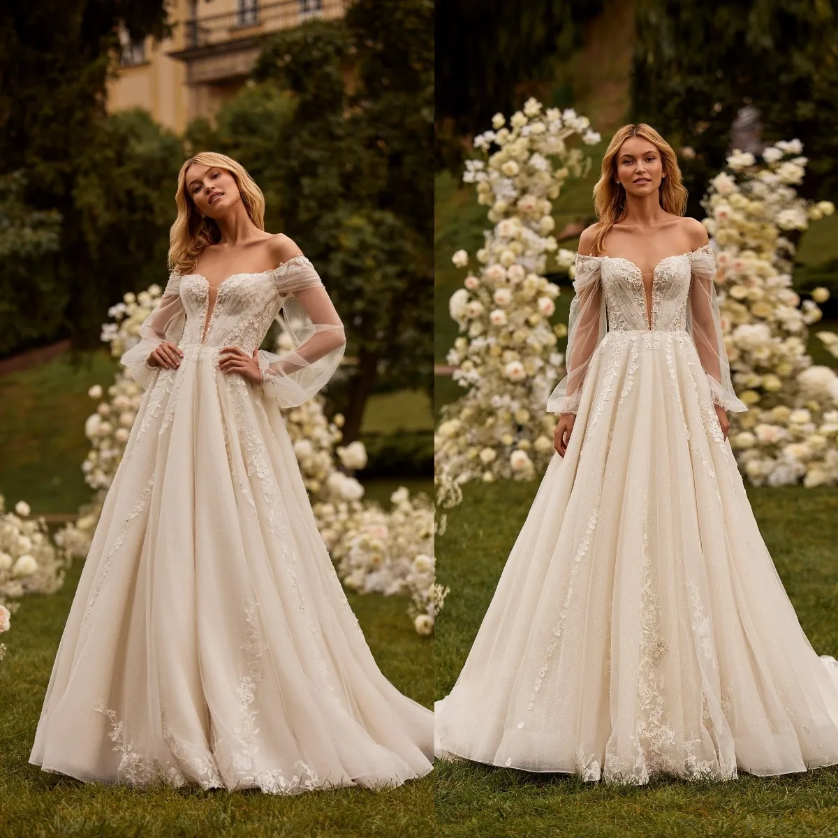 

Princess A Line Wedding Dresses Long Sleeve Illusion Bridal Gown Sweetheart Neck With Lace Applique Custom Made For Bride