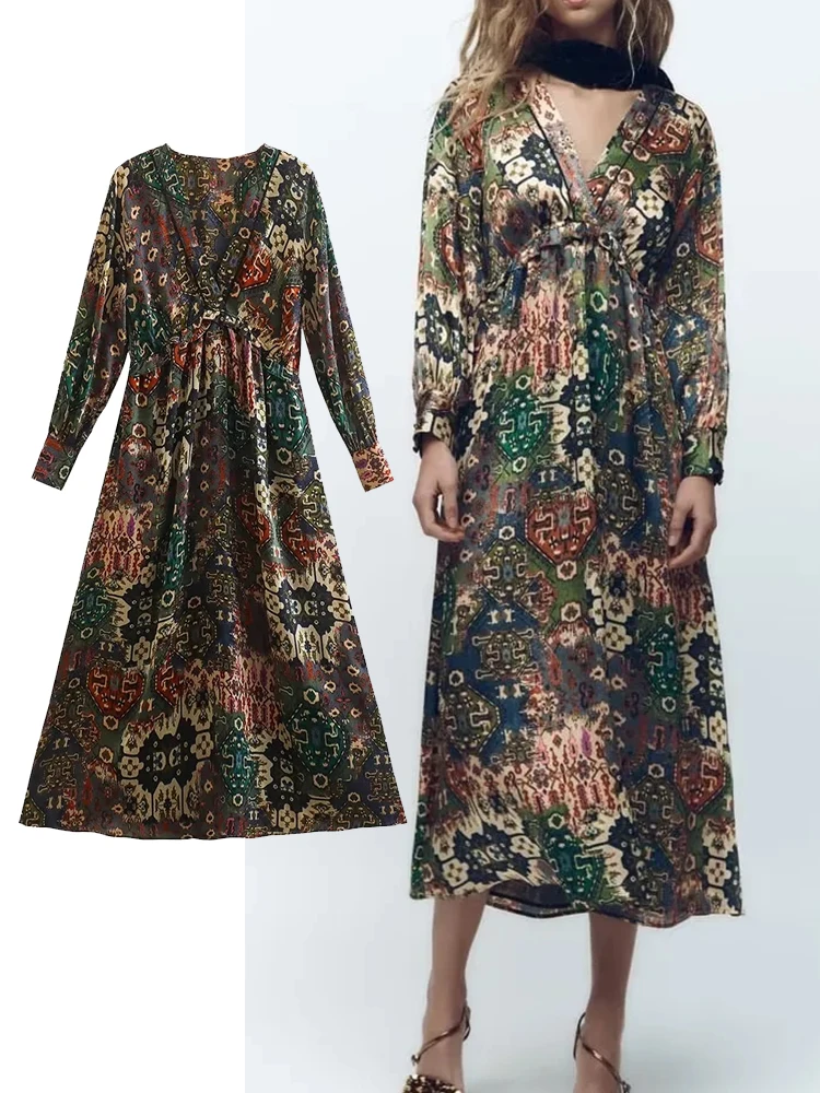 

Платье-миди женское вечернее с длинным рукавом, поясом и принтом Пейсли