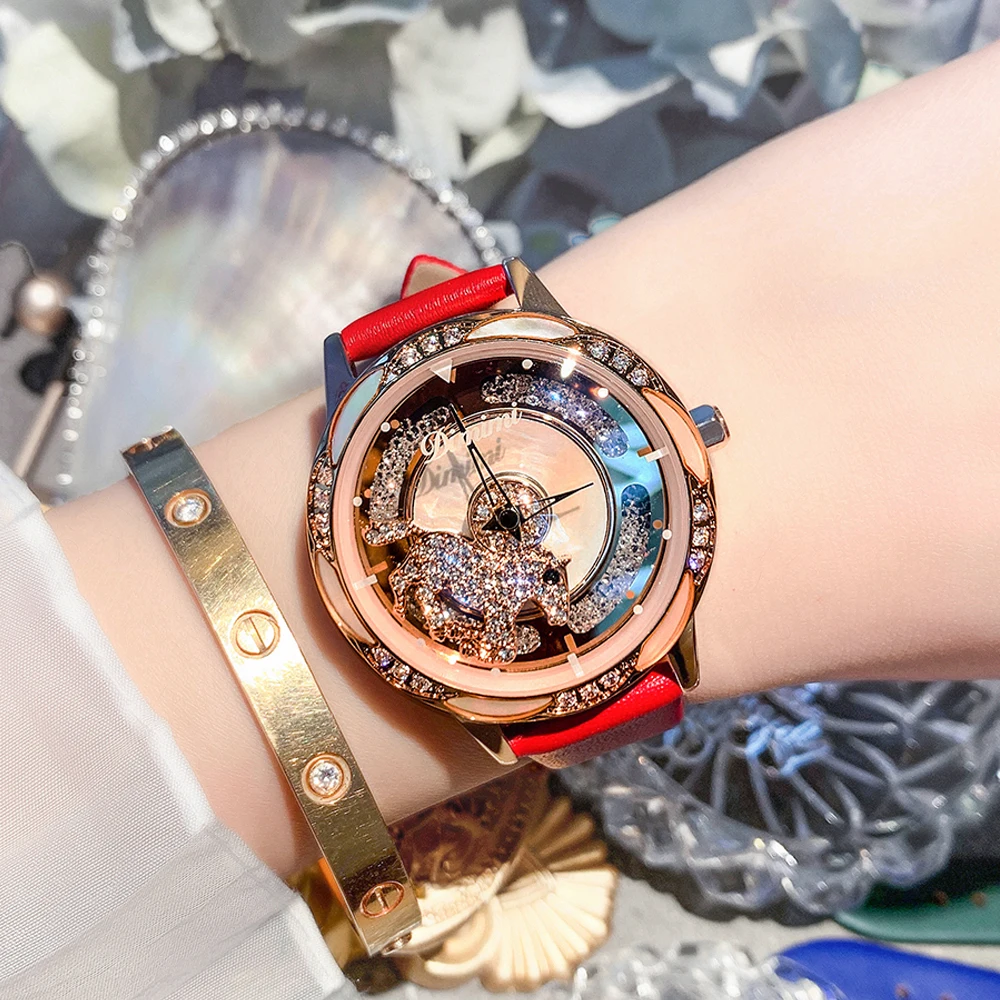 

Women Watch Lady Shining Rotation Horse Dial Watches Creative Watch Diamond Stone Dress Wristwatches Clocks Hours Top Quality
