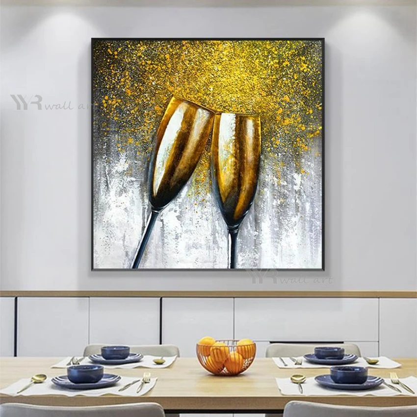

Handmade Wine Glass Gold Yellow Picture Artwork Wall Poster Modern Large Size Oil Painting on Canvas Home Restaurant Decoration