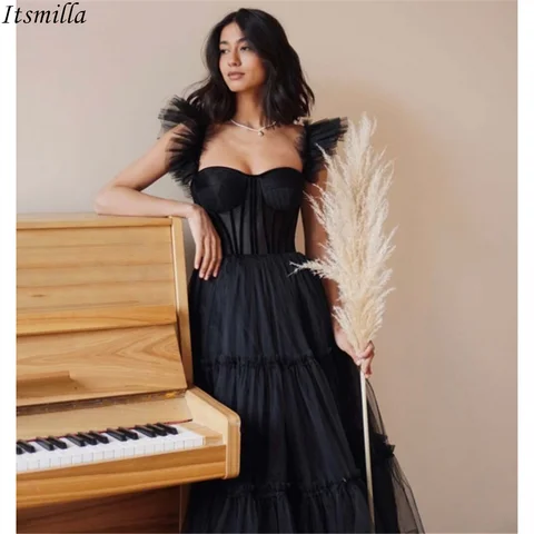 Itsmilla Black Ruffled Tulle Midi Dress A Line Prom Dresses Sweetheart Tea Length Women Evening Party Gowns Robe De Soirée Femme