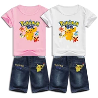 boys and girl t shirt clothes set cartoon pokemon print short sleeved top denim pants children oversized sports tees 2pcs suit