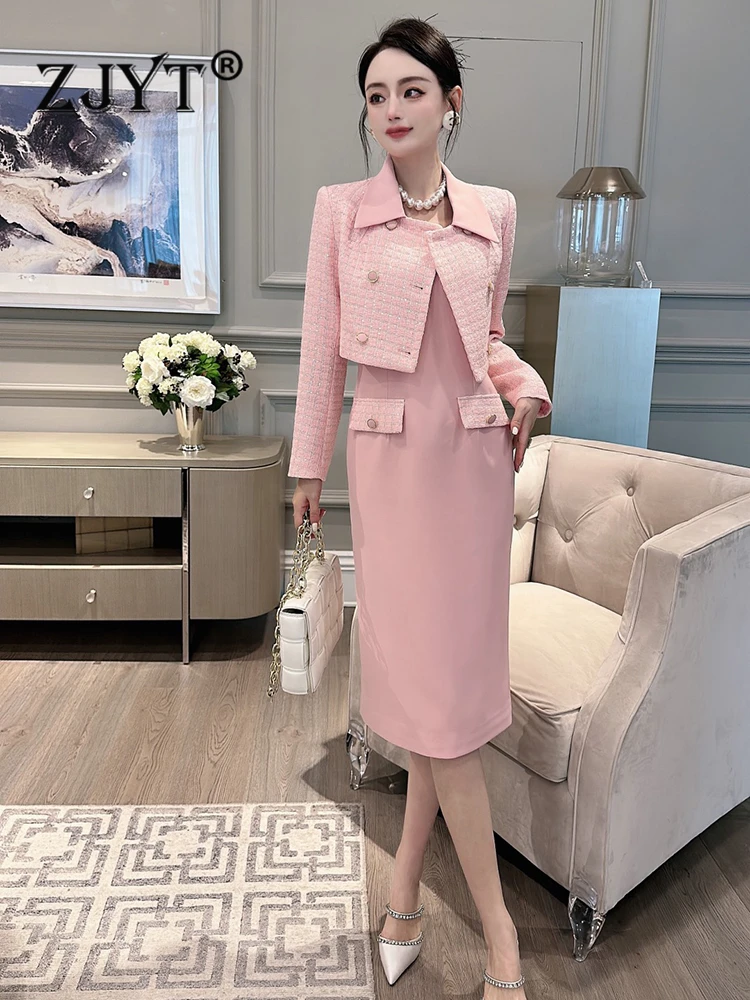 

ZJYT Autumn Winter Short Tweed Jacket and Spaghetti Strap Dress Set Two Piece Outfit Elegant Pink Office Party Vestido Feminino