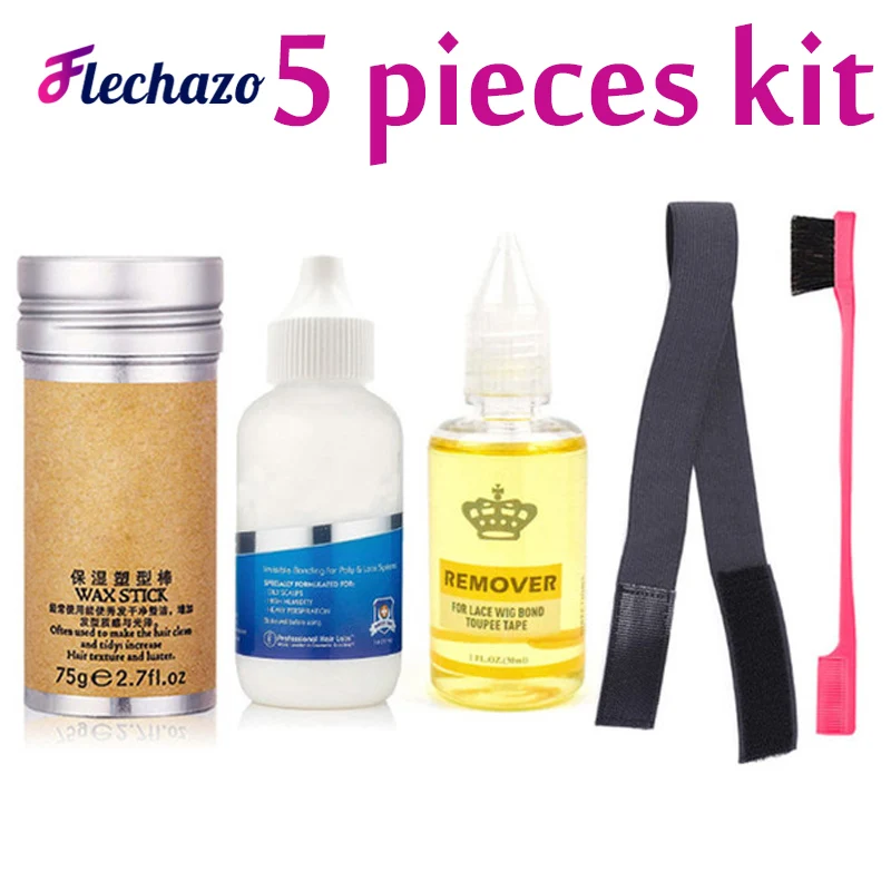 Flechazo Lace Wig Glue Kit Waterproof Invisible Lace Glue And Remover Plus Hair Brush Lace Melt Band Hair Wax Stick 5Pieces Set