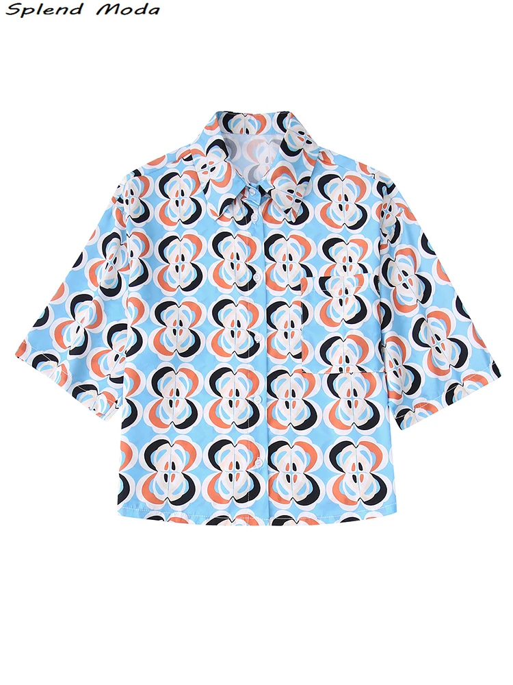 

2022 ZA Fashion Summer Streetwear Geometric Printed Blouses Women Casual Short Sleeves Shirts Female Single-breasted Chic Tops