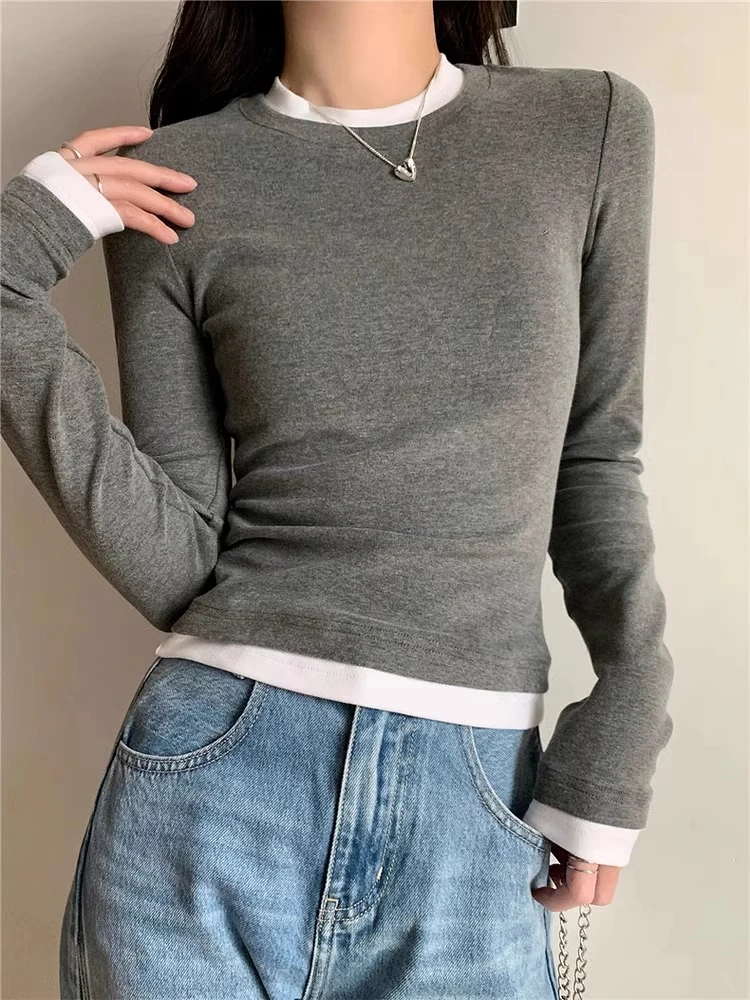 Корейская рубашка с круглым вырезом контрастного цвета искусственный