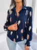 Women Casual Feather Print Collar Long Sleeve Shirt White Pink Blue 6