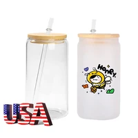 12/25/50pack USA Warehouse 16oz Sublimation Glass Heat Press Can Shape Mason Bubble Water Bottle With Bamboo Lid And Straw