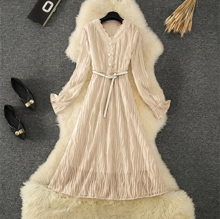 

Autumn New Lace V-neck Long-sleeved Slim A-Line Fashion Long Party Dress Women's Long Midi Dress
