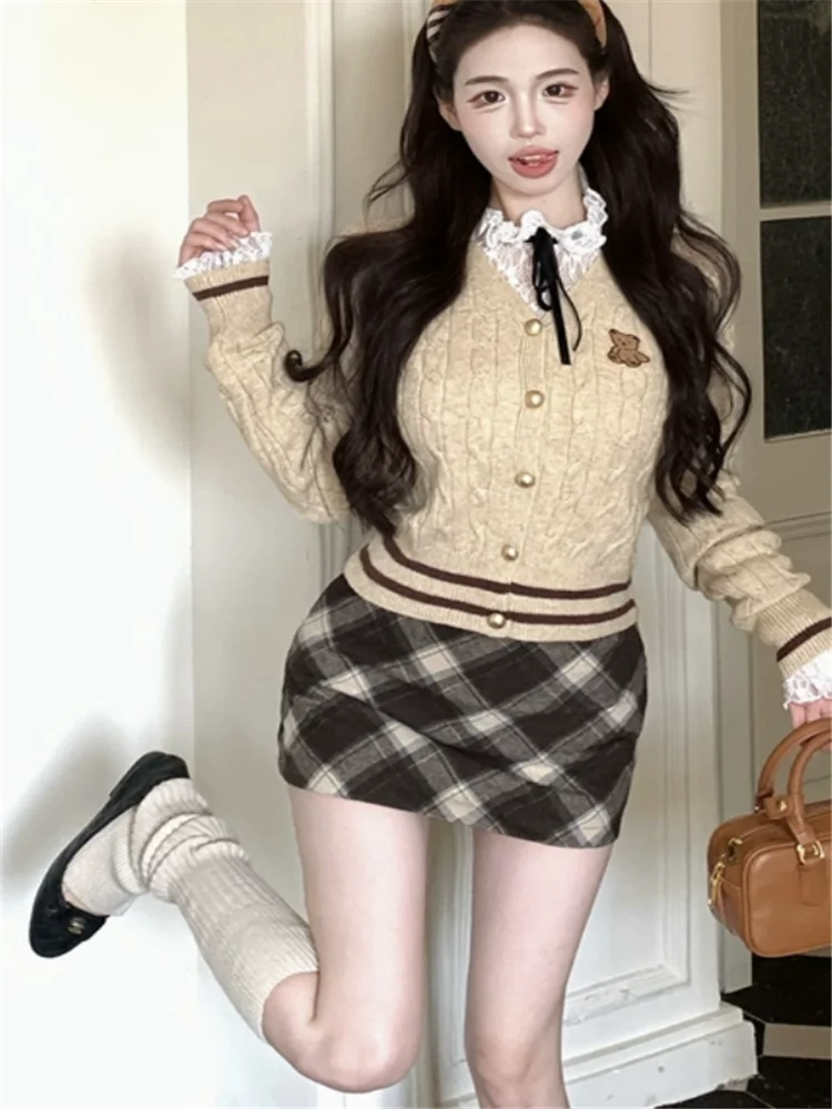 Студентка униформа из 2 предметов костюмы модные вязаные комплекты 3 кружевная