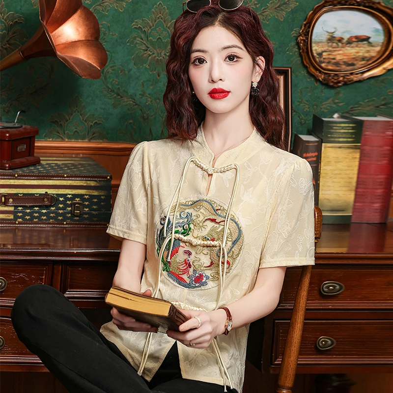 Летняя ретро Cheongsam рубашка с короткими рукавами и женская винтажная вышитая