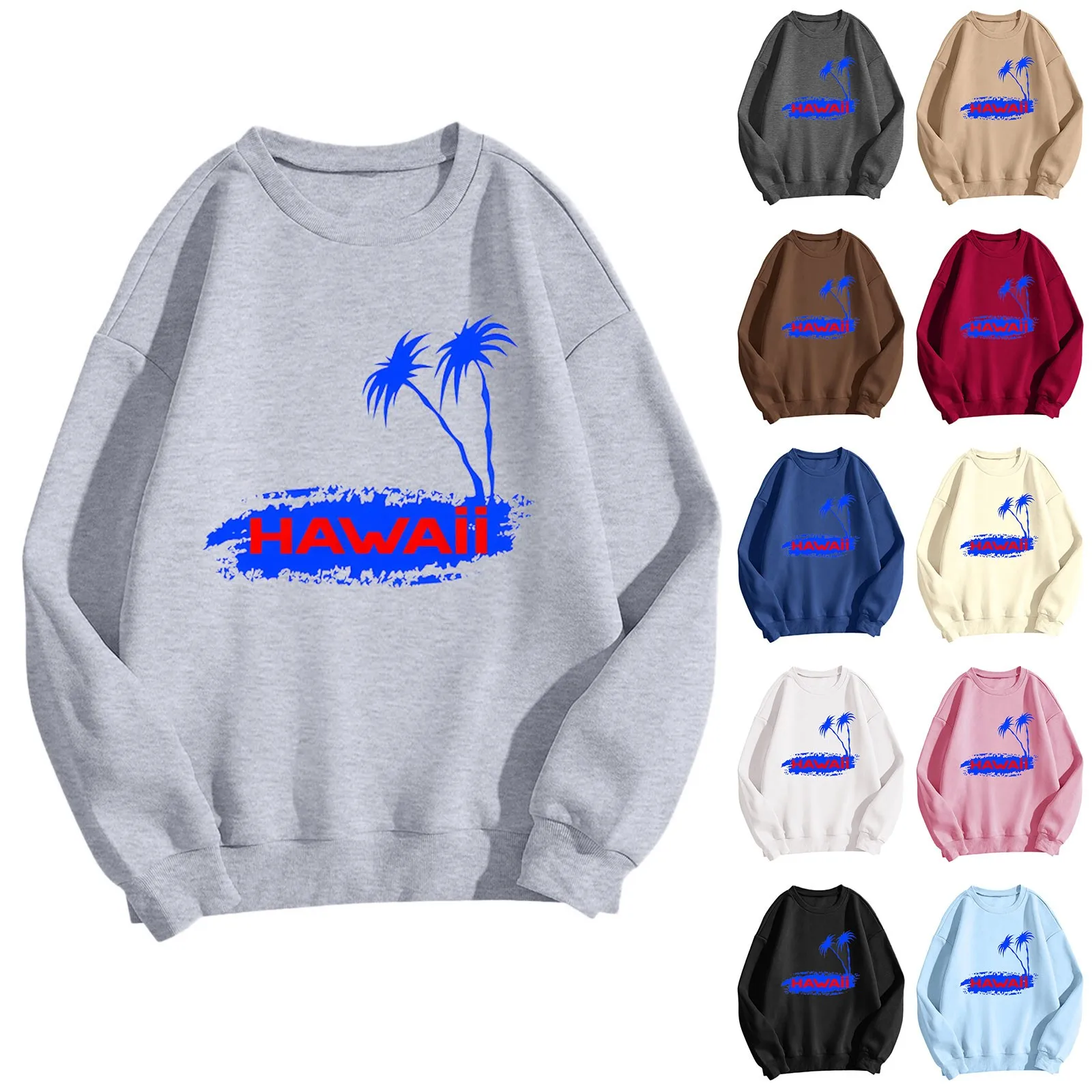 

Women Hawaii Fashion Sweatshirts Round Neck Palm-Tree Print Pullover Long Sleeve Tops Hoodie Japanese Style Preppy Style Hip-Pop