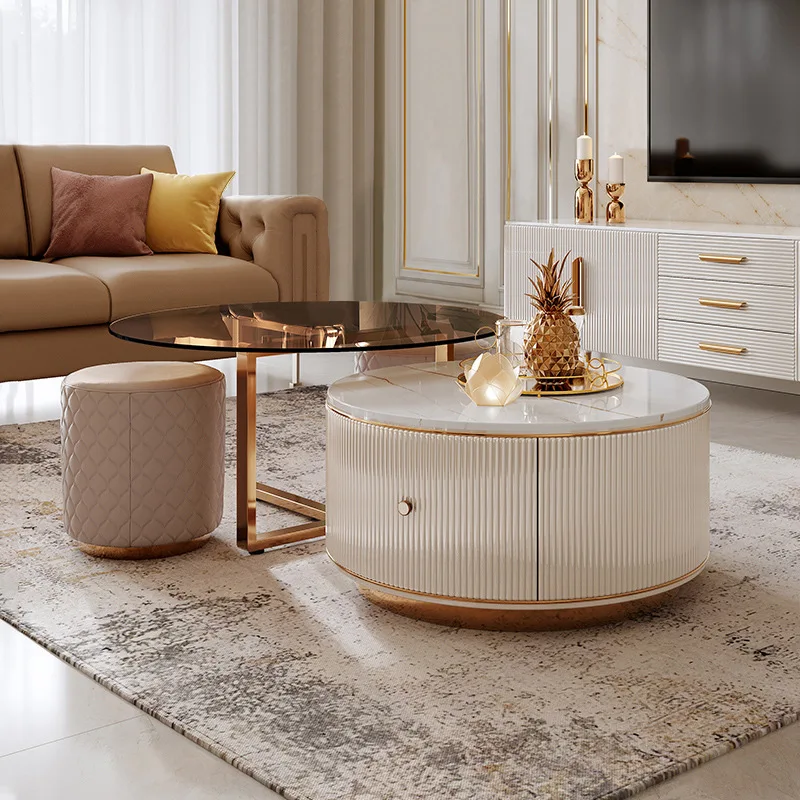 

Light luxury round coffee table TV cabinet combination glass slate panel modern minimalist solid wood small coffee table table