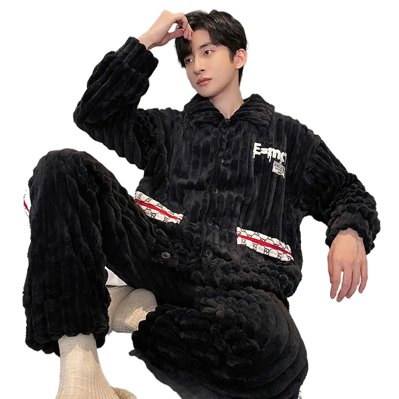 QUHENG Men's Winter Pajamas Sets Layers Warm Thick Winter Coral Fleece Sleepwear Long Sleeve Turn-Down Collar Pijamas Suits