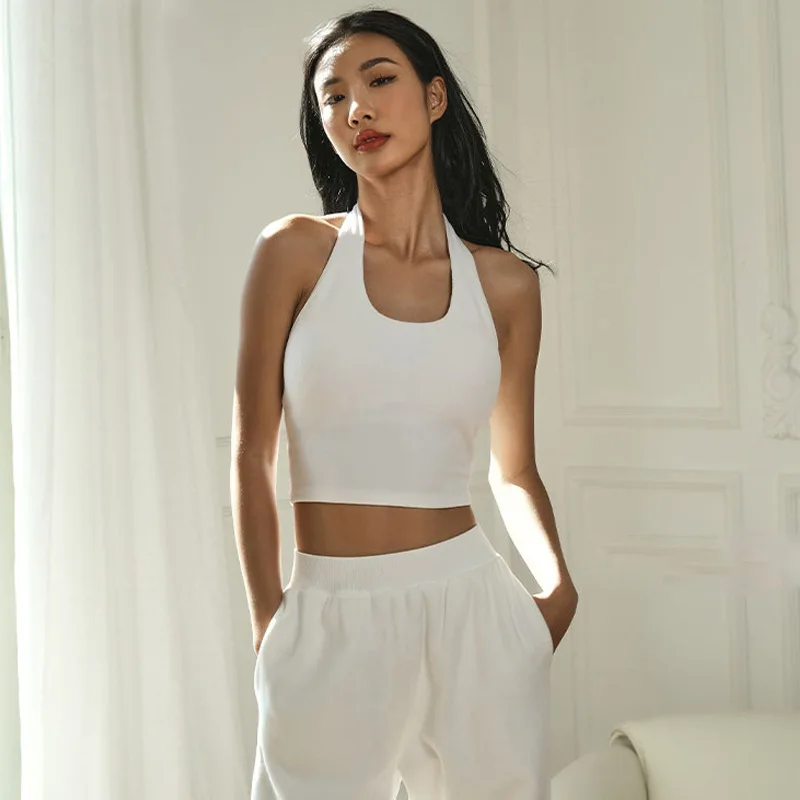 

LuluWomen's U-Neck Hanging Neck Yoga Halter Sexy Backless Tank Top Short Fit Open Back Versatile Bottom Top Cropped Feminino