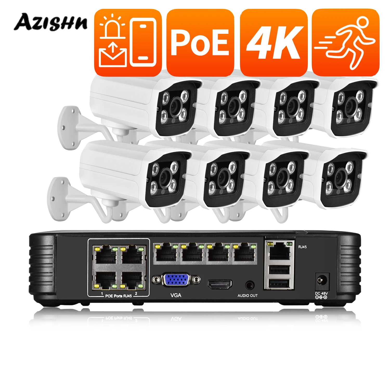 

AZISHN Outdoor HD 2.8mm Lens 4/8CH 8MP 4K HD POE NVR Kit