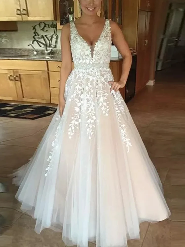 

2023 свадебное платье без рукавов с глубоким V-образным вырезом, открытой спиной, на молнии, свадебное длинное платье на бретелях-спагетти, апп...