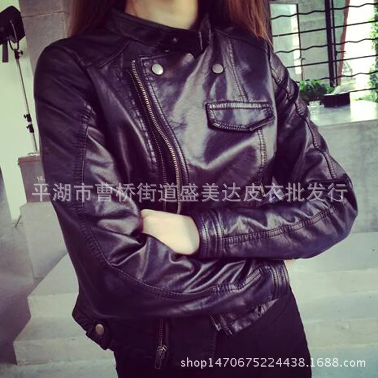 2023 locomotive leather women's ultra-short small coat tide slim washed leather jacket new stand-up collar
