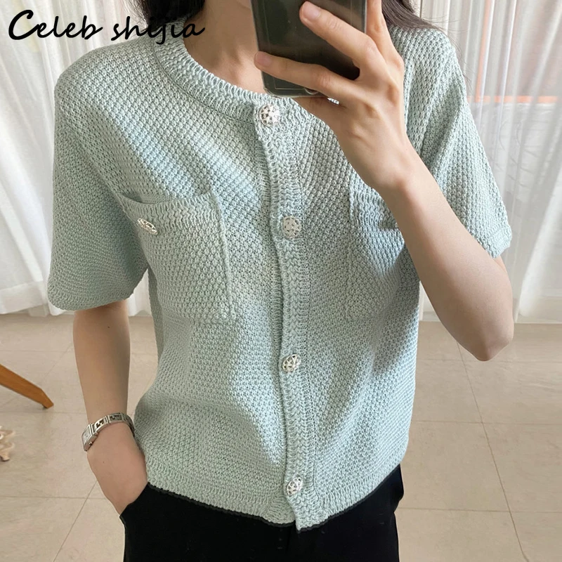 

Женский шерстяной винтажный кардиган, Зеленые Трикотажные топы с коротким рукавом и пуговицами, модель Лето 2022