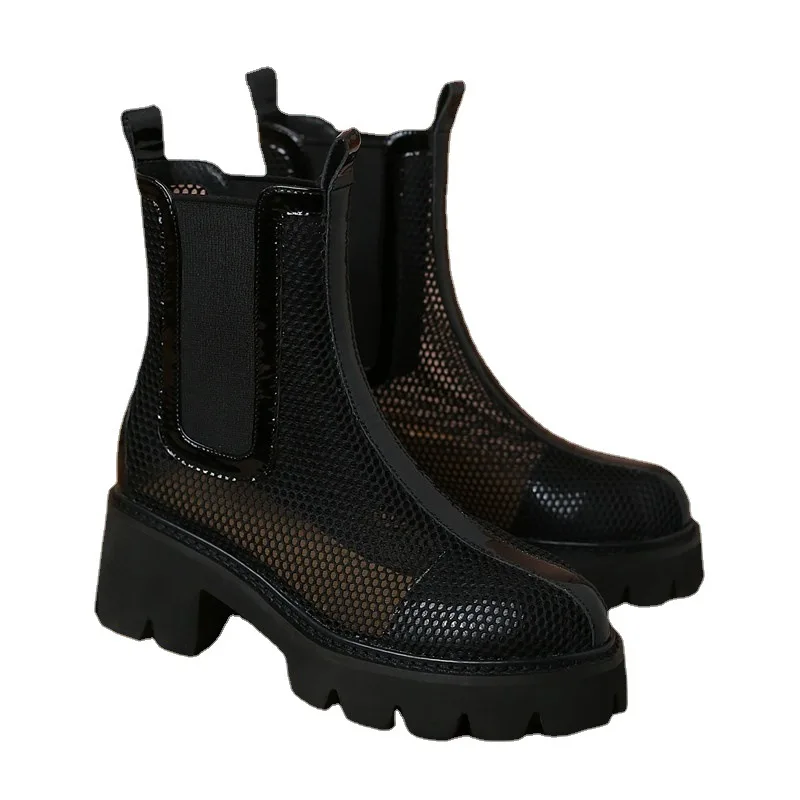 Luxury 2022 New Boots for Women Leather Mesh Buckle Female Pumps Spring Summer Round Toe Square High Heel Women Shoes