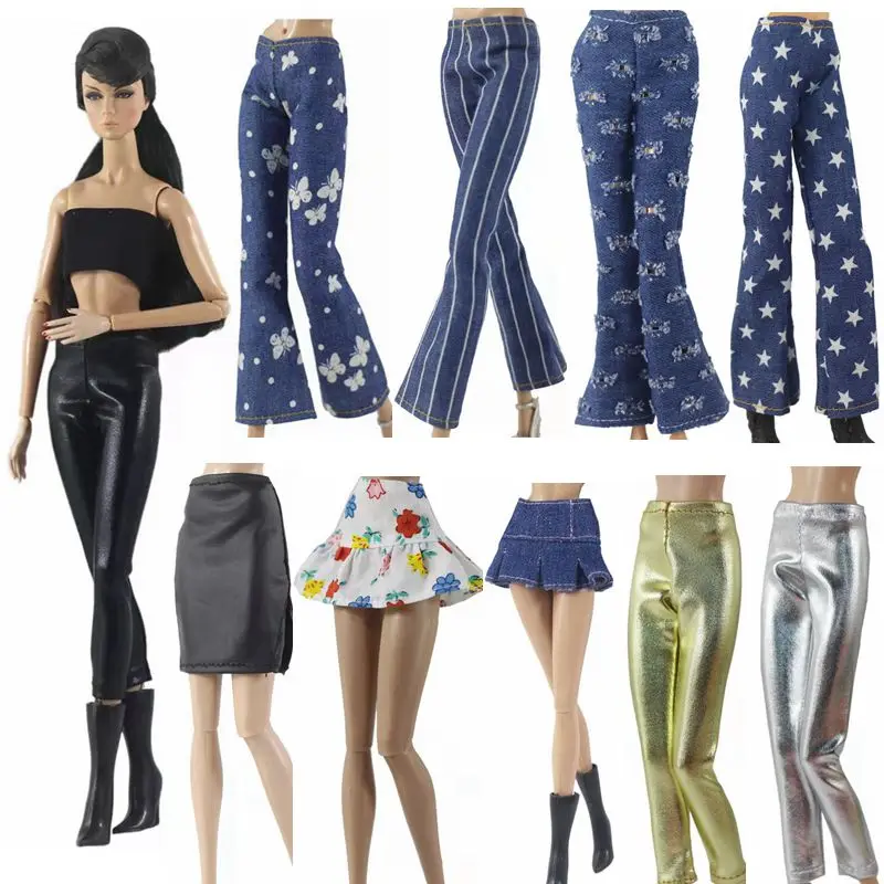 

1:6 Dolls Trousers Fashion Floral Jeans Leather Pants 11.5" Doll Clothes For Barbie Outfits Casual Wears 1/6 BJD Accessories Toy