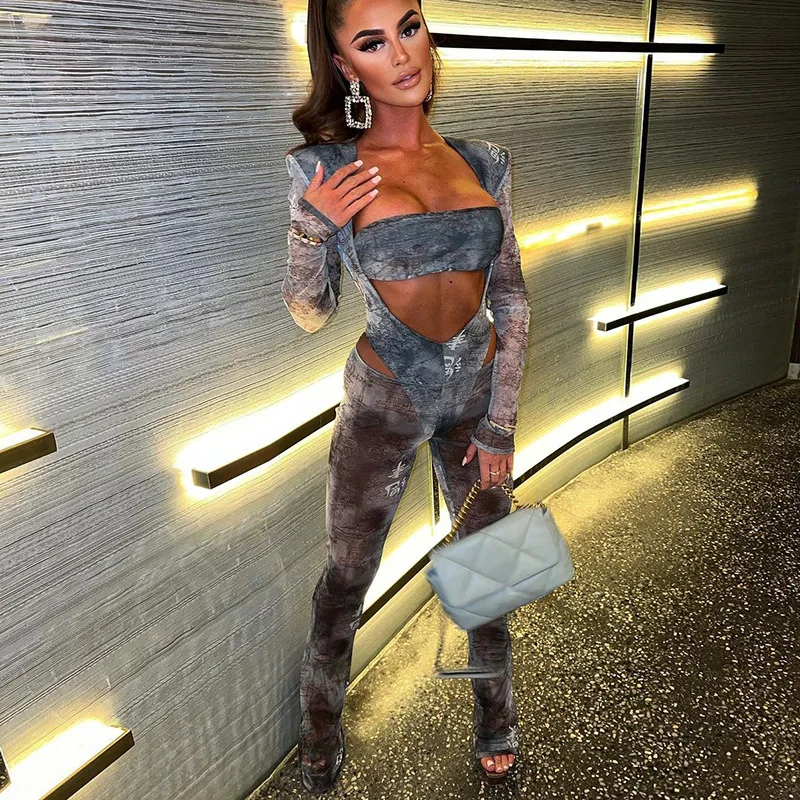 

2022 Spring Ladies Bodysuit New Wrap Chest Hollow Out Long Sleeve Bodysuit Short Skirt Print Suit Women's Clothing