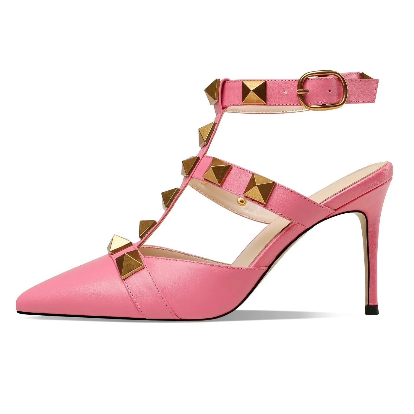 

2022 Summer New Women's Sandals Pointed Toe Stiletto Leather Rivets In-line Buckle Straps Toe Back Empty Sandals
