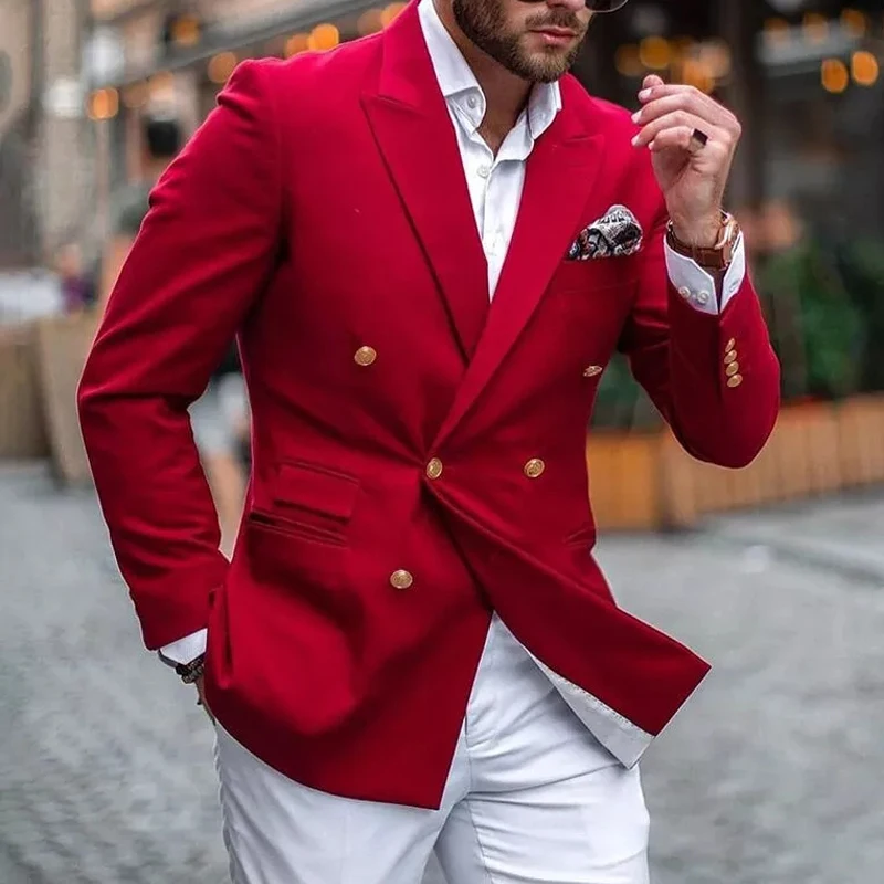 

Повседневные красные двубортные мужские костюмы с белыми брюками, облегающие смокинги для жениха на выпускной, свадебная одежда, 2 шт., модный блейзер