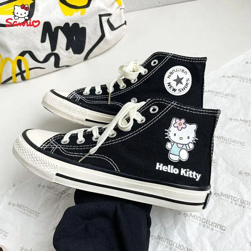 

Sanrios Kawaii аниме Hello Kitty мультфильм Высокие холщовые ботинки для студентов граффити кеды на плоской подошве универсальная модная обувь подарок
