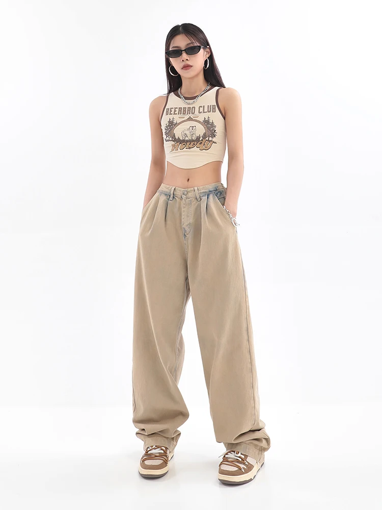 

Женские винтажные джинсы цвета хаки, свободные прямые брюки с высокой талией и широкими штанинами