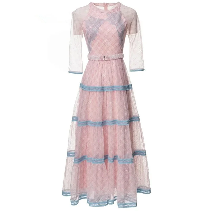 Summer Fashion Designer Vintage Mesh Dress Women's O-Neck 3/4 Sleeve Sashes Hollow Out Pink Color Hugh Waist Long Vestidos